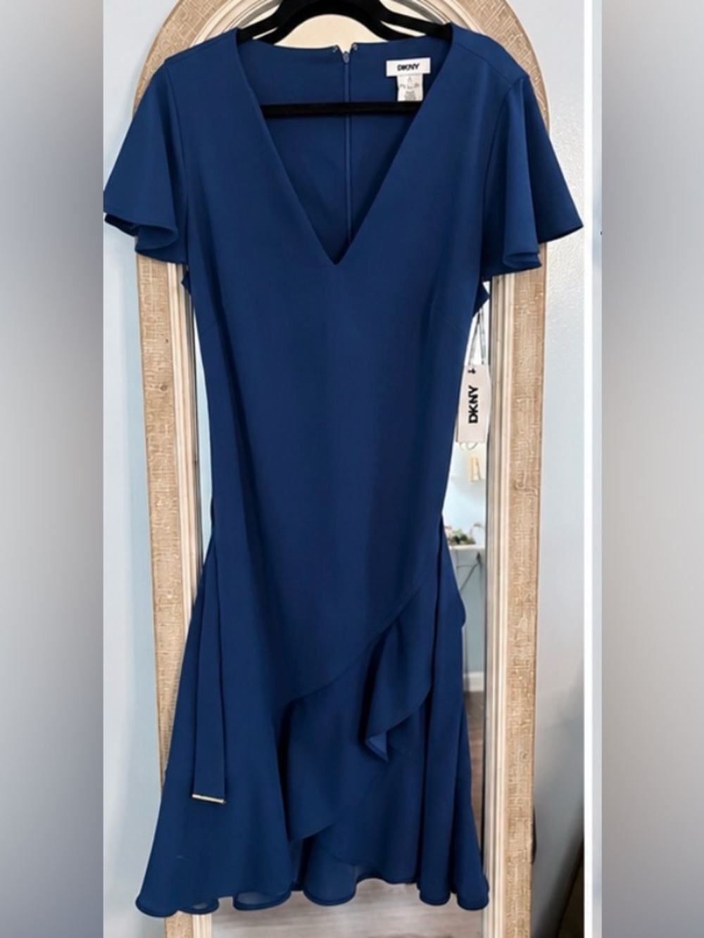 NWT DKNY Royal Blue Faux Wrap Ruffle Midi Dress Size 14 MSRP $134